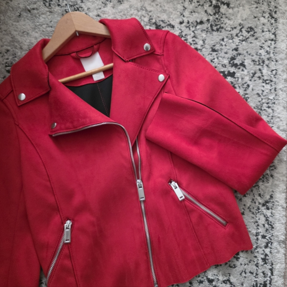 H&M Moto Jacket Red Womens Size 0 Moto Faux Suede Silver Tone Biker Chic Grunge